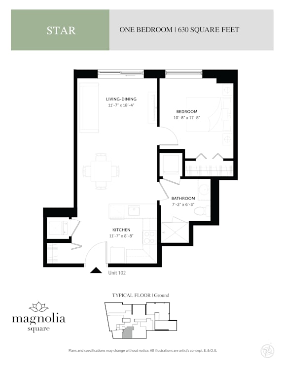 a floor plan of one bedroom unit with a bathroom and a staircase